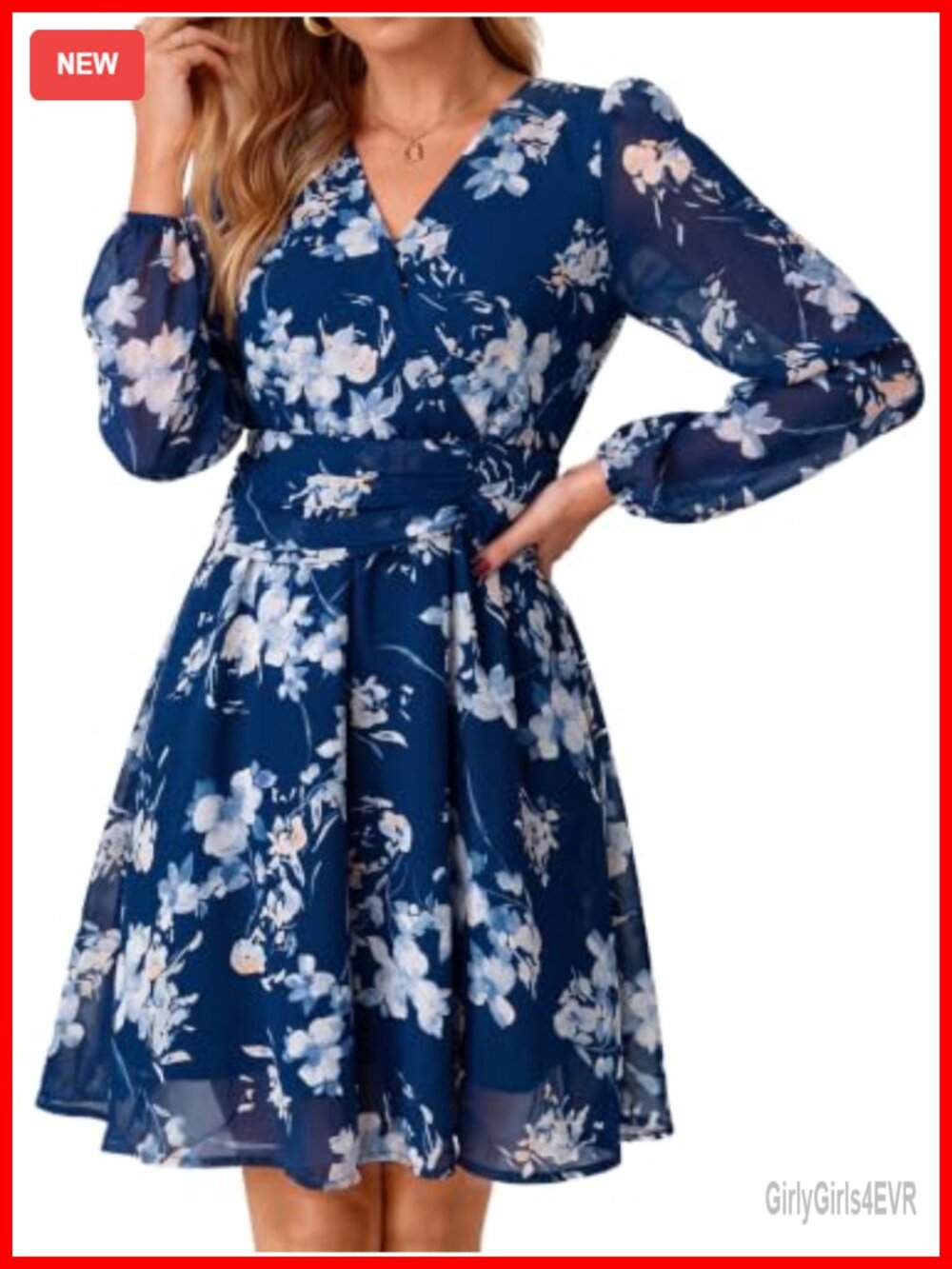 Simplee Women's Floral Chiffon Long Sleeve V Neck Flowy Mini Dress